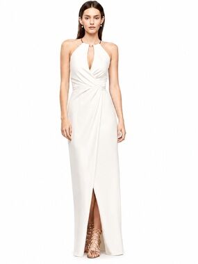 JS COLLECTIONS Ivory Draped Crepe Sheath Dress with Necklace Detail Size 4